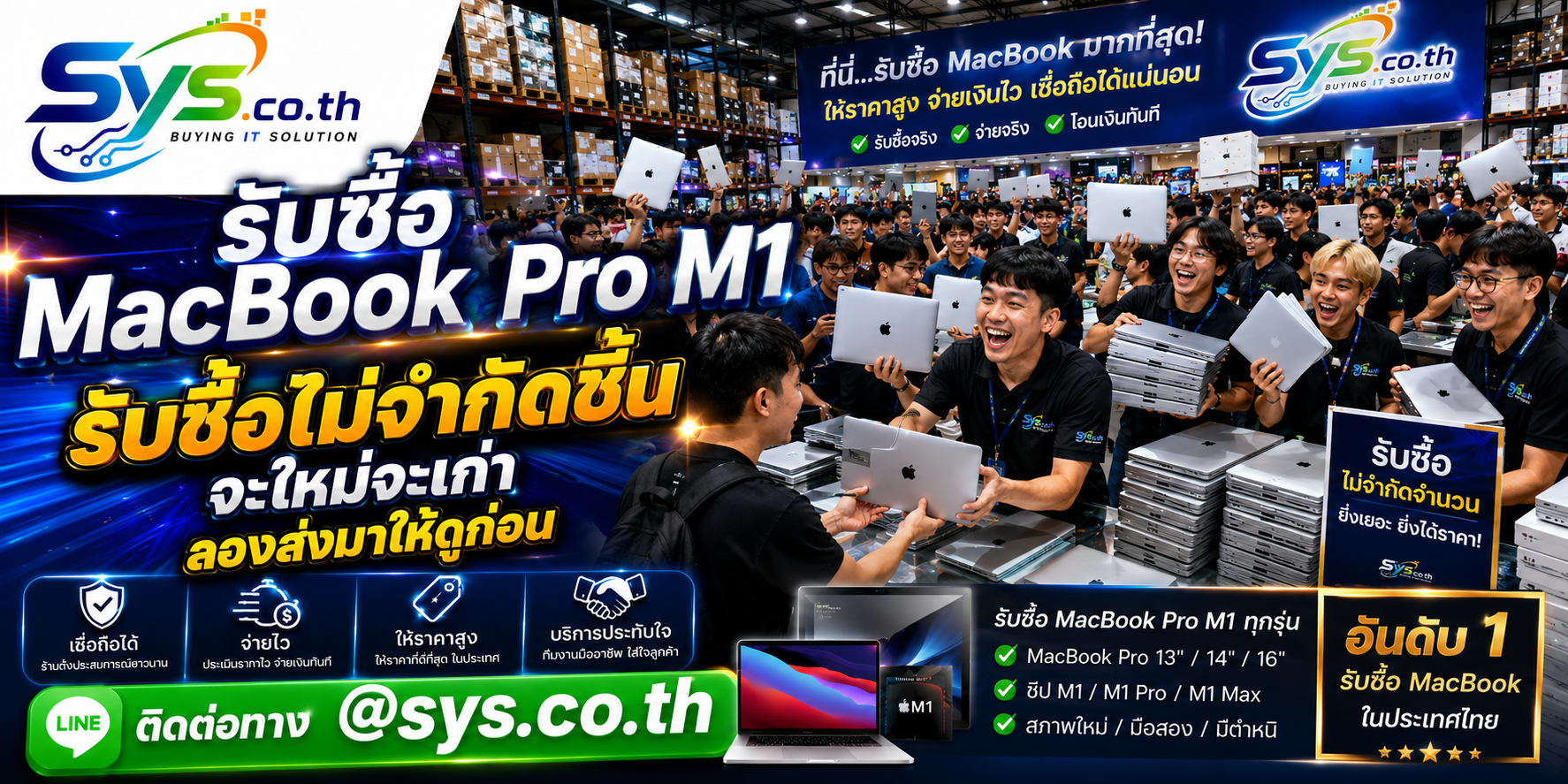 รับซื้อ MacBook Pro M1 ไม่จำกัดจำนวน รายเครื่องและยกล็อต